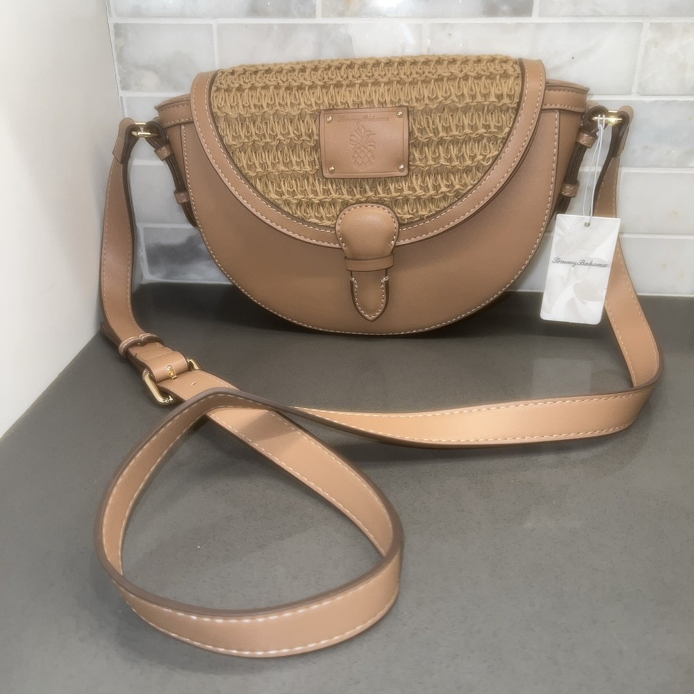 NEW-Tommy Bahama Small Tan Woven Half Moon Crossbody Bag, Magnetic, Gold $120